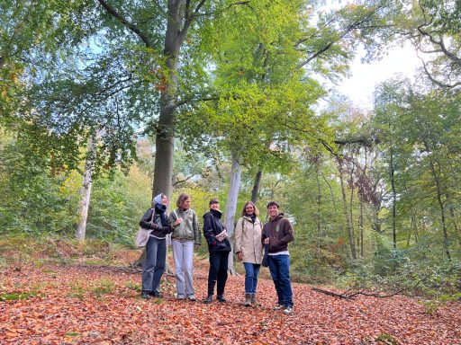 Cinq personnes se tiennent dans une forêt, entourées d'arbres et de feuillage vert.